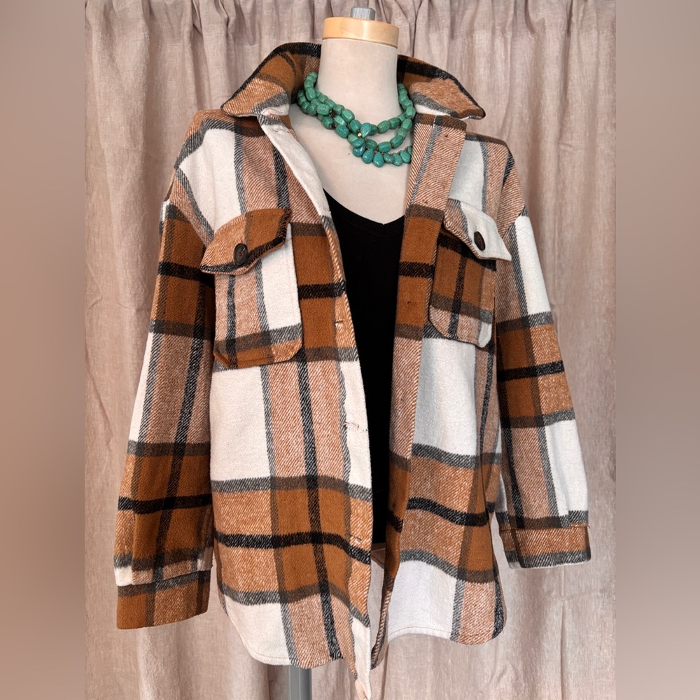 Plaid Utility Jacket in Brown and White